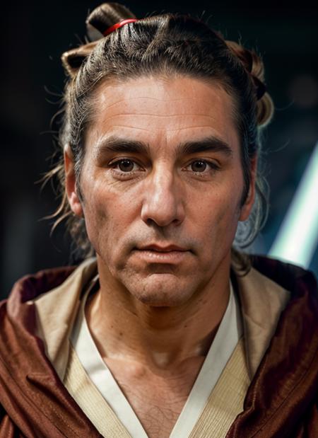 ck1  close up Portrait photo of  man  in a (jedi robe) (ponytail), intricate, (cloth [multicolor]), elegant, sharp focus, photo by greg rutkowski, soft lighting, vibrant colors, masterpiece, ((sky)), detailed face
  <lora:CosmoKramer:.75>  <lora:more_details:0.2>  <lora:detailed_eye:.5>