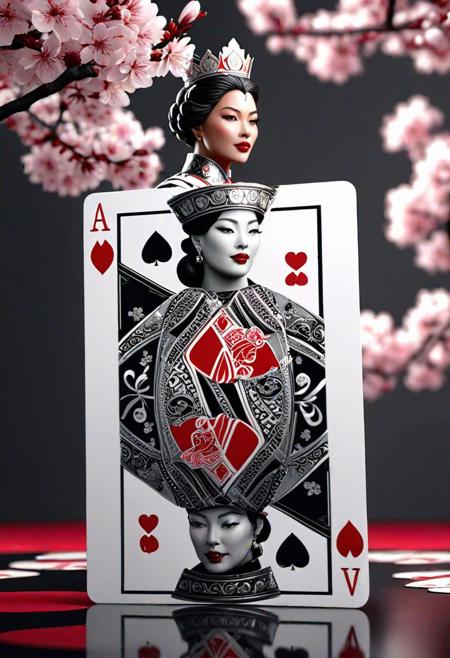 Create a photorealistic 3D image using Unreal Engine. The scene is centered on a playing card, the Queen of Hearts , dramatically enlarged to become a stage. On this card sits a female supermodel figure with an aura, with intricate armor detailed in monochromatic tones, except for subtle red accents. Surrounding the card are delicate cherry blossoms in full bloom.