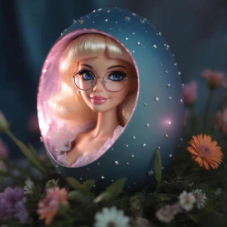  photo, selective focus, miniature effect, bokeh, highly detailed, vibrant, perspective control, natural tilt shot, , glamour shot of a blonde barbie with big summer hat in a photoshoot, chromatic blur, chromatic aberration, illustration, g macro photography, (enchanting:1.3), (luminous:1.2), (oversized flora:1.1), mystical, magical, vibrant photography, shimmering light, dreamy, whimsical, serene, soft-focus, hyper-detailed digital art, smile, glasses, shiny leather, barbie sitting in an big Easter egg, Easter egg as a concept of rebirth, cracked surface, pastel colors, soft glowing lights, nestled of soft feathers and young spring flowers, soft background, bokeh effect, miniature effect, natural light, ultra fine details, as a digital painting, a single, mesmerizing ice-blue eye, its crystalline details refracting light like frozen glass, framed by thick, dark lashes casting delicate shadows. The surrounding skin is painted in fluid, velvety strokes of midnight blue and cool gray, creating a celestial texture that feels almost weightless. The lips, full and slightly parted, are a deep indigo with a glossy sheen, revealing a faint glimpse of pearl-white teeth. sexy smiling pinup puppet,,, aesthetic, ambiance, detailed eyes, beautiful eyes, sideways glance, smile, whiite gloves, glasses, orange-tinted eyewear, round eyewear, big elegant hat, A mystical woman with flowing midnight-black hair laced with silver strands, resembling the Milky Way. Her violet eyes are framed by long dark lashes, and she wears a sheer, starry cloak that glows softly. Crescent moon charms dangle from her ears, and behind her, a vast cosmic landscape of swirling nebulae and ancient temples stretches infinitely.