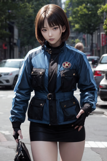Nanami Nono short hair, brown hair, 20age,  very pretty woman in short skirt and jacket, fingerless gloves, black short skirt, blue and black jacket,
