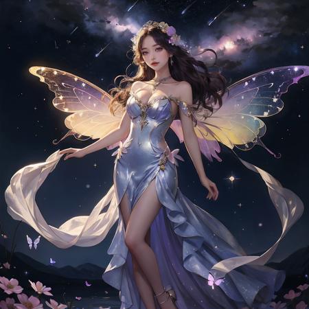 masterpiece,best quality,Butterfly-elves,1girl,full body,<lora:Butterfly-elves:0.8>,galactic system background,angel,angel wings,transparent wings,bare shoulders,breasts,bug,butterfly wings,cleavage,dress,fairy wings,feathered wings,flower,hair flower,hair ornament,long hair,medium breasts,night,night sky,shooting star,sky,solo,standing,star \(sky\),starry sky,white wings,wings,night,flower,