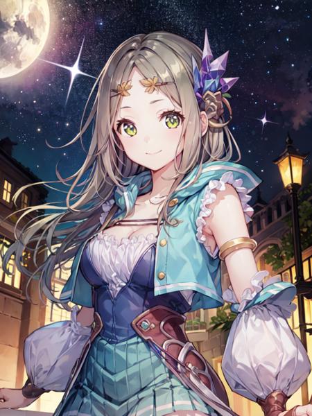 1girl, solo, masterpiece, best quality, charfirisnorm, upper body, standing, looking at viewer, closed mouth, smile, hair ornament, circlet, arms at sides, night sky, <lora:firisv1i-000014:0.8>