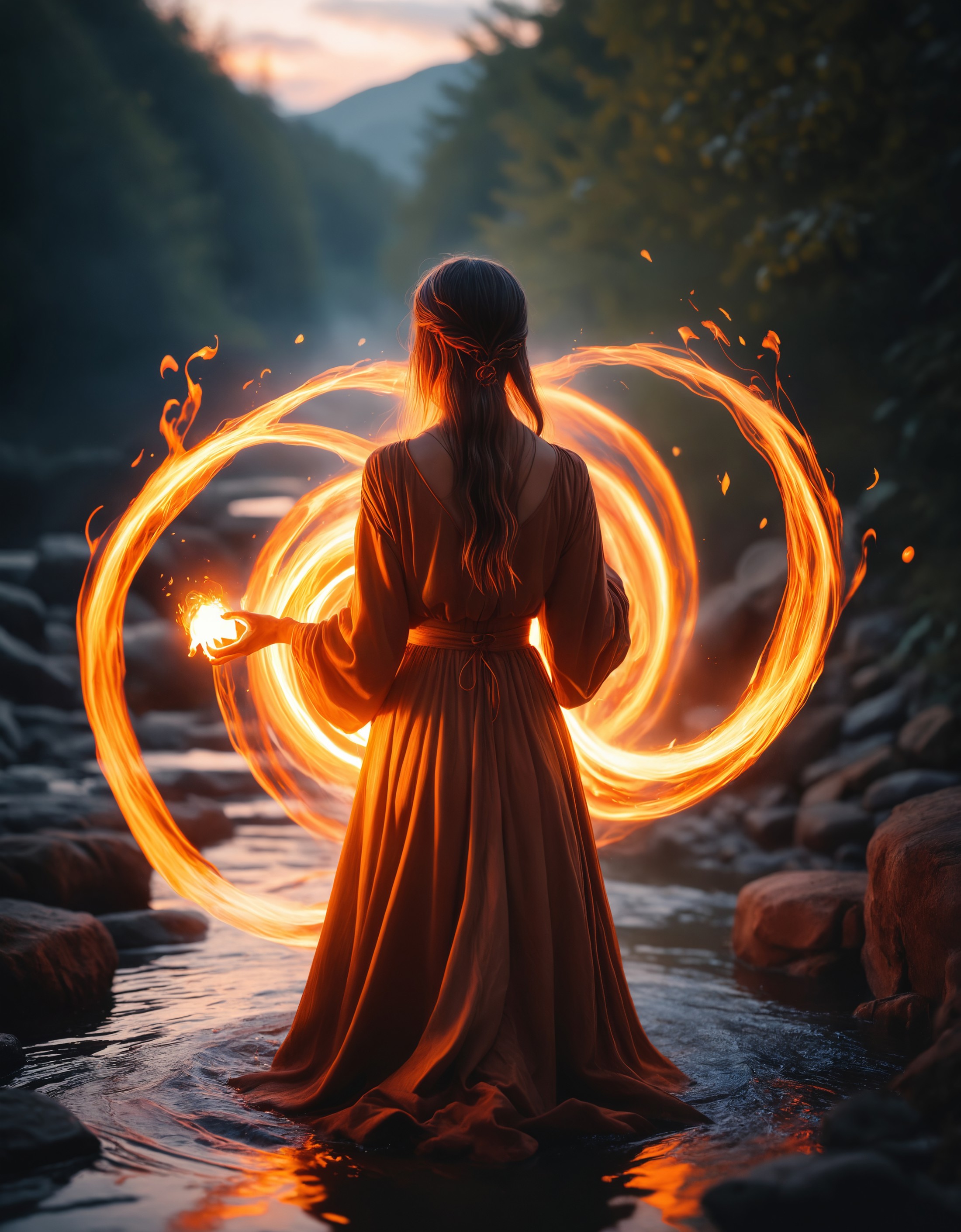 cinematic film still of a young mage woman casting a fire orb surrounded by streams of water magic, wisps, glass robe, zav...