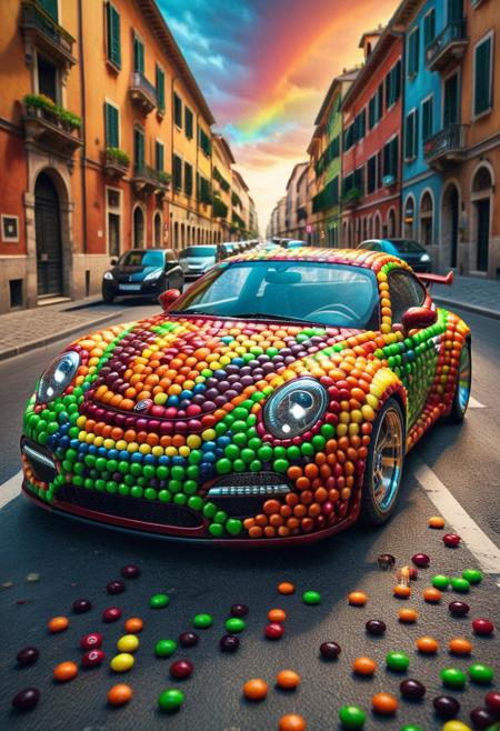 Skittles, Taste the Rainbow, sports car, italian car, empty street, city street, road made of skittles, detailed background, Detailed face, detailed eyes, perfect eyes, absurdres, high quality, masterpiece, very aesthetic