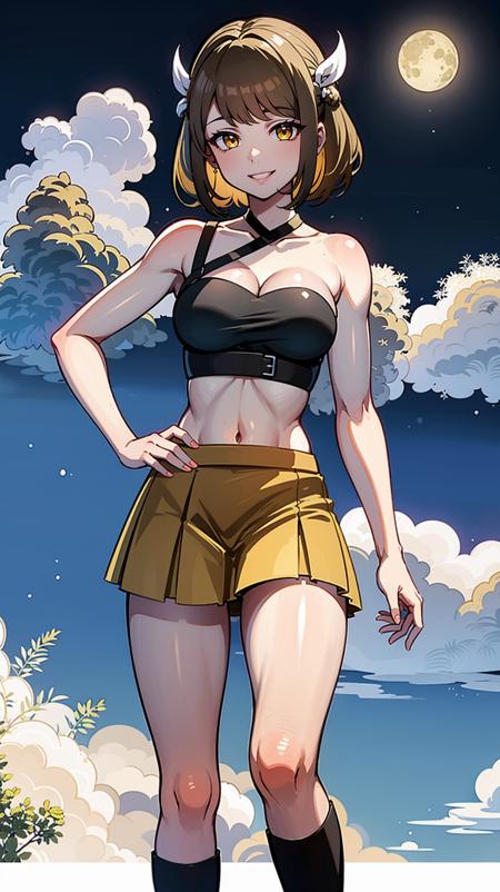 masterpiece, best quality,  lunar base 
BREAK
1girl, solo, standing, facing viewer
BREAK
<lora:EPfeGoldmary-07:0.8>, EPfeGoldmary, yellow eyes, brown hair, smile
BREAK
crop top 
BREAK
miniskirt
BREAK
|toeless footwear