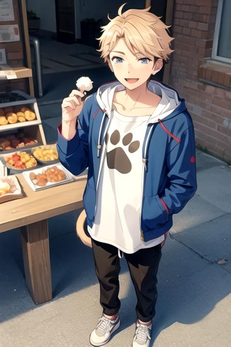 <lora:ArashiNarukami-03:0.75> ,arashi, solo, smile, open mouth, blue eyes, blonde hair, 1boy, tail, full body, male focus, food, hood, chibi, cat tail, hoodie, animal hood, paw print, cat hood