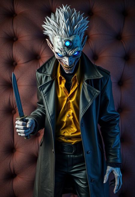 undead humanoid, glowing blue eyes, mystical forehead gem, spiked silver hair, leather trench coat, gold shirt, black leather pants, holding knife, horror character, padded wall background, dramatic lighting, supernatural, dark fantasy, menacing expression, vibrant tactile fiber art, bold woven structures, textured hand-spun yarns, layered fibers, organic flowing shapes, natural landscapes, abstract forms, craftsmanship and spontaneity, wide color palette, diverse materials, immersive three-dimensional, sensory experience of textiles, expressive fiber art