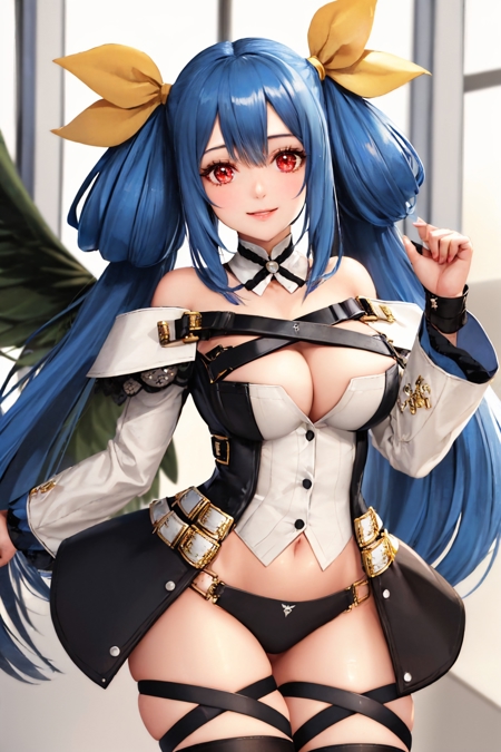 ggdizzy hair ribbon detached sleeves underwear thighhighs thigh strap choker belt asymmetrical wings tail tail ornament bare shoulders navel cleavage
