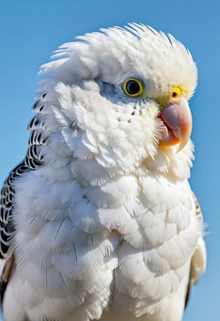 portrait, masterpiece, 4k, ray tracing, intricate details, highly detailed, hyper realistic, 8k RAW editorial photo.
a cute white budgie, head tilted and slightly blinking. The budgie's feathers should be soft and fluffy, the background should be a blue sky, dramatic light, shallow depth of field, high budget,