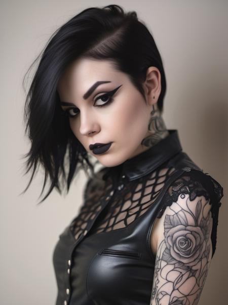 a beautiful 26yo goth woman, dark haired, straight hair, beautiful arched eyebrows, (black colored eyes:1.2), eyeliner, porcelain skin, wearing black see-through (lace shirt:1.1), wearing black leather pants, tattoos, 1girl, light beige background