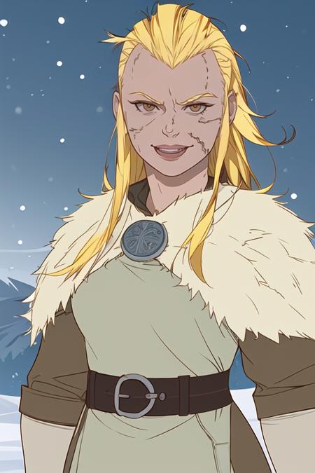 1girl, upper body, dressed in viking fur armor, musular, blonde hair, mohawk, battle-scarred, arrogant facial expression, open mouth, teeth, smile, looking at viewer, snowing, snowfield, sunlight, moutnains, best quality, <lora:bannersaga:0.8>