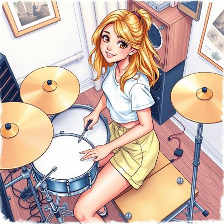 a colorful detailed drawing of a young woman playing a drum kit, blonde hair, playful smile, white crop t-shirt, pale yellow short shorts, seen from above, seen from the side, home studio, soft colors