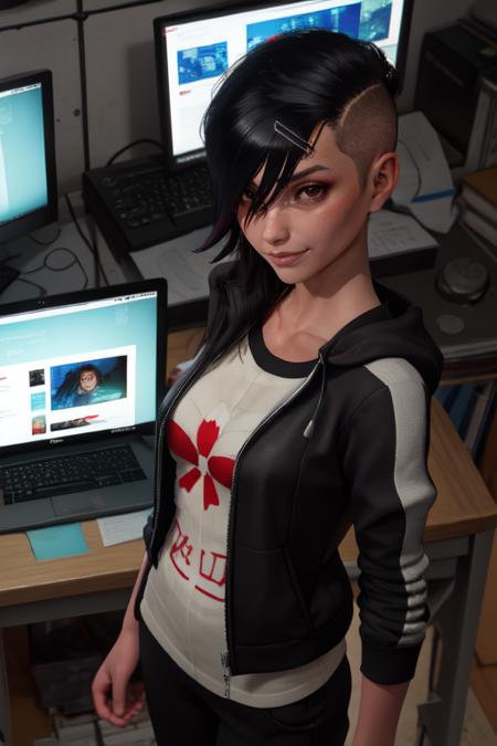 Rinko, brown eyes, hair to side, shaved head, hairclip, 
black jacket, black pants, white undershirt with red logo, 
standing, upper body, facing viewer,  smile, 
computer desk, cyberpunk,  from above,  
(insanely detailed, masterpiece, best quality),
solo,  <lora:Rinko:0.7>