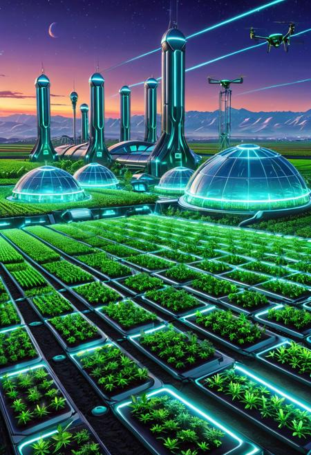 futuristic farm landscape, glowing crops with bioluminescent plants, hovering farming drones, sleek metallic irrigation systems, neon-lit greenhouse domes, synthetic soil, sprawling high-tech agriculture fields under a twilight sky, atmospheric sci-fi lighting, ultradetailed, concept art, cinematic view, 420 Futurism style
, 420futurism