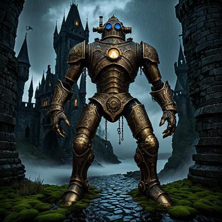 giant bipedal robot brass and weathered reflex blue and bronze paisley robot. lacy robot metal. diving helmet torso head. outside of a steampunk keep. large detailed torso. dark image. one forty foot tall ancient robot with great arms and two heavy spring legs. dark foggy night background. $dark foggy night image only. dark photo realistic image. steampunk details. cogs, chains and pipes incorporated in the fantasy buildings. magic wizards tower in background. Dark swamp, moss, castle ruins, wizards tower. stormy dark night. stormy sky. rain. no head.