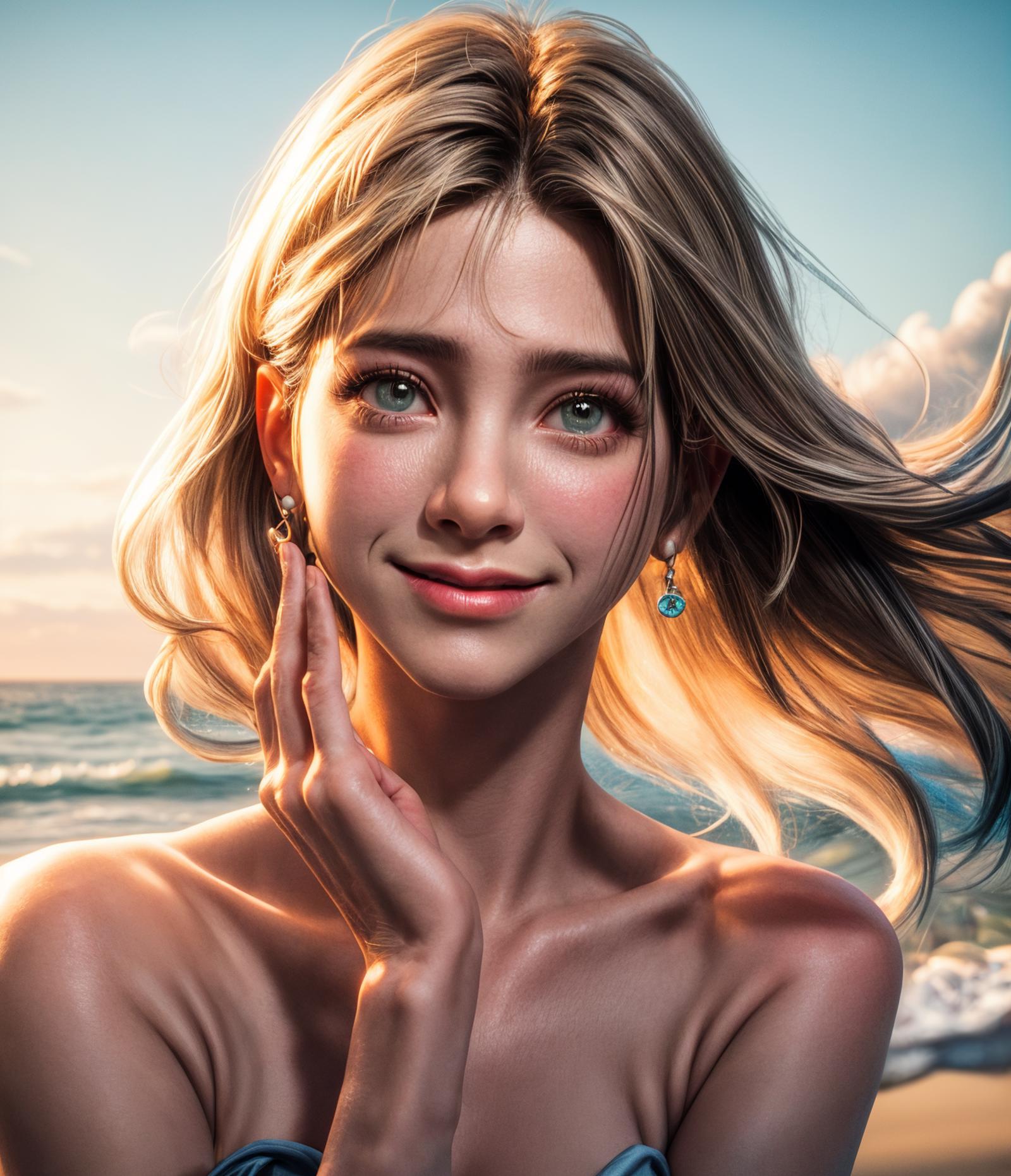 Artistic Illustration of a Blonde Woman with Blue Eyes and a Smile.