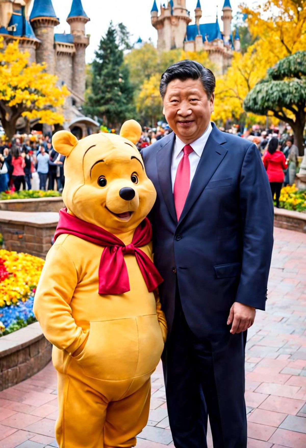 Man in a suit standing next to a giant Winnie the Pooh costume.