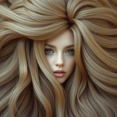 woman surrounded under the piles of her hair longer than her feet atop her shoulders and head, body extensions, in the style of gigantic grandeur of scale, voluminous mass, natural fibers, smooth and shiny, i can't believe how beautiful this is, princesscore, barbiecore, fawncore, avocadopunk, cottagecore, intense close-ups, fairytale-inspired, algeapunk, photo taken with provia f100