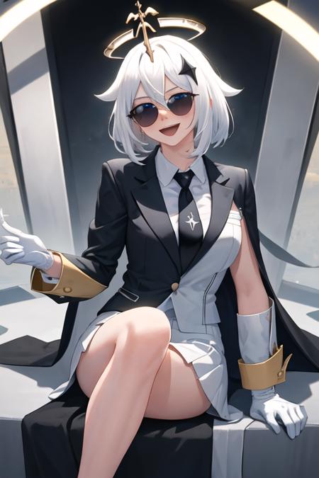 best quality, masterpiece, highres, solo, {black business suit:1.40}, {tie:1.20}, {sunglasses:1.25}, {white gloves:1.15}, {white shirt:1.10}, {black skirt:1.15}, {smoking:1.20}, handsome, {paimon_genshin:1.15}, white_hair, halo, hair_ornament, blue_eyes, hair_between_eyes, short_hair, bangs, open_mouth, blush, smile, cape