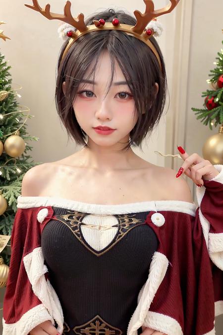 chen,(8k, RAW photo, best quality, masterpiece:1.2), (realistic, photo-realistic:1.37),ultra-detailed,chen, 1girl, christmas, christmas tree, antlers, black hair, looking at viewer, short hair, fake antlers, reindeer antlers, capelet, black eyes, christmas ornaments, upper body, smile, fur trim, parted lips, hairband, portrait,dress<lora:2023chen1.5:0.9>