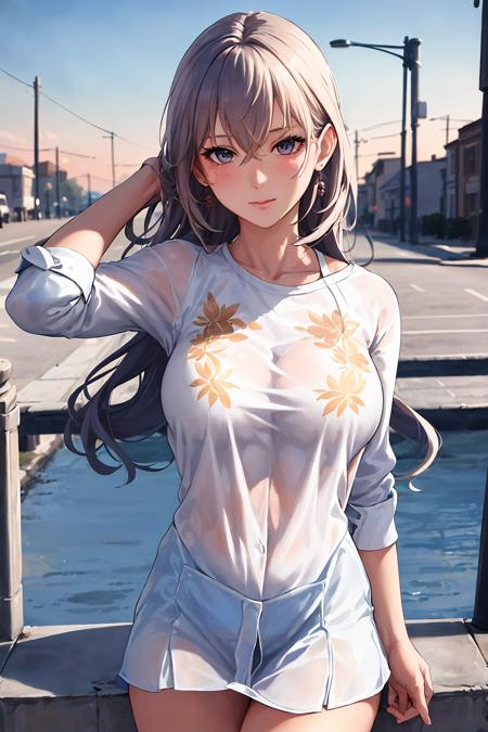 1girl, <lora:Bronya:0.6>, colorful theme, (best quality, high quality, high resolution), realistic, ultra-detailed, highly detailed face features, absurdres,  realistic lighting and reflections, highly detailed face features, see through shirt, best photo,high quality illustration