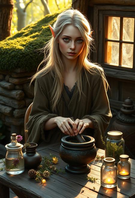 “A young elven woman with a slender, short, and graceful frame, her long blonde hair flowing gently in the breeze, glowing faintly in the soft light of a late afternoon. She wears modest, layered clothing in earthy tones, adorned with subtle patterns of vines and leaves. Her youthful beauty contrasts with her ancient, wise eyes, reflecting centuries of knowledge. She is seated at a rustic wooden table just outside her cozy, moss-covered cottage, nestled against the edge of a vibrant forest. Her hands deftly work with fresh herbs, grinding them with a mortar and pestle, as glowing flowers and jars of potions are scattered around her workspace. The warm light spilling from her cottage windows mingles with the natural light of the forest, creating a harmonious, magical scene.”