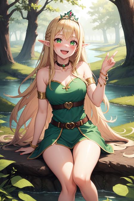 (masterpiece, best quality:1.2), 1girl, elf girl, long blonde hair, glowing green eyes, happy, smile, open mouth teeth, enchanted forest, lake, tiara, anklet, choker, blush