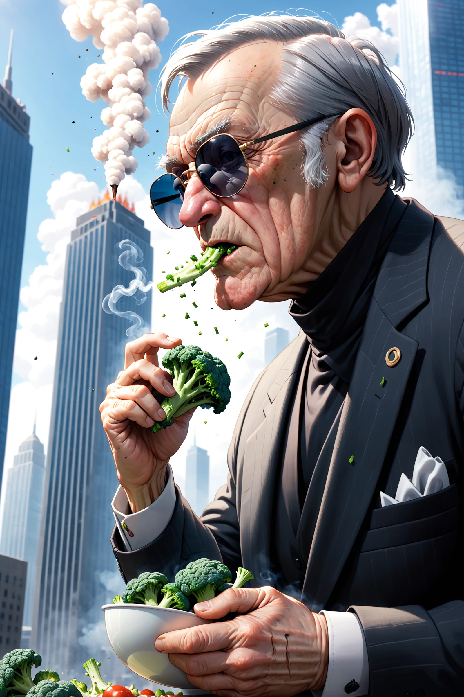 realistic, photo, old man eating broccoli, smoke, sunglasses, skyscraper, from side, cinematic