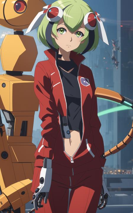 miyu, a woman, light green cybernetic eyes, short light green hair, two purple bangs at the front, at the top of each bang are red, goggle-shaped sensors with a small wing on each, red tracksuit(((robot tail))), 8k, Unreal Engine 5, octane render, by kyun, gamang, Yoon Gon-Ji, g.ho, gosonjak, shuroop, serious, domi, noah, LeeDooL, alien, MinaZzang, Saint, Jjongi, trending on pixiv, fanbox, skeb, masterpiece, smooth soft skin, big dreamy eyes, beautiful intricate colored hair, symmetrical, anime wide eyes, soft lighting, concept art, digital painting,   <lora:miyu:0.7>