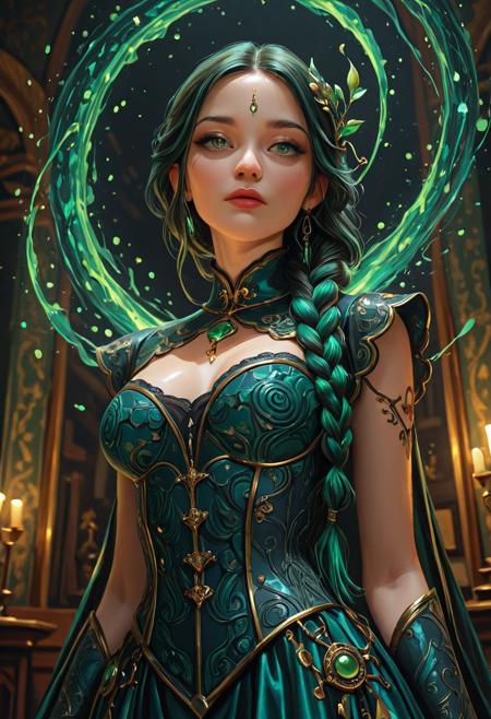 masterpiece, best quality, newest, oil painting, angled view, moody scene, sinister setting, very aesthetic, décolletage, elaborate bodice, jade fabric, esoteric embroidery, intricately braided hair, 20yo, fine features, high cheekbones, magical aura, green black color pallet, (demure:1.15), volumetric light