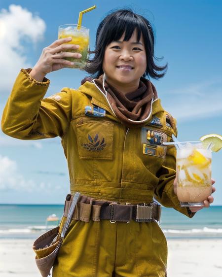 rosetico woman asian light beige skin black ponytail hair with bangs wearing gold coveralls and brown scarf metal greeble on left chest pocket wearing bandolier belt wearing brown boots