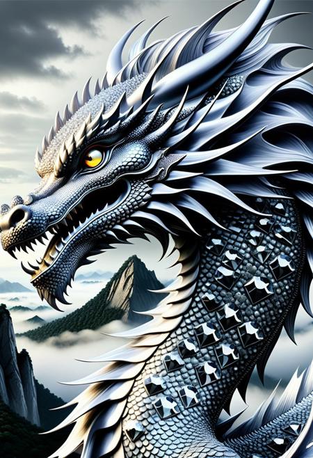 Ultra detailed.Ultrarealistic. sharp focus, dynamic lighting. play of light, reflection, refraction, Raytracing, chinese ink painting, super huge dragon, solo,  very detail, fantasy, clouds and mist, greyscale, Periwinkle mane, Legendary Gray scale made of diamond,diamondMW,countless diamonds