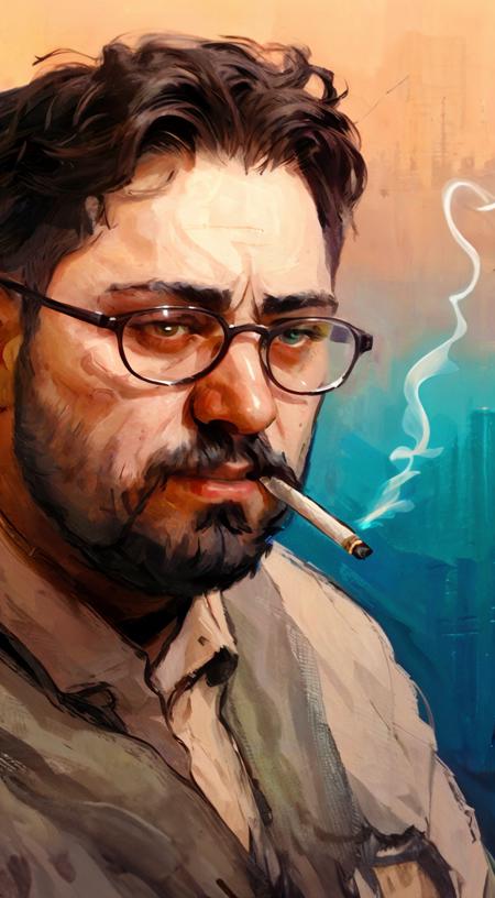 (A_Rostov_Style:0.7),(1boy),(cigarette),illustration (close-up intricate detailed portrait:1.2) of adorable fat man posing,flirty dynamic pose,rough brush strokes,soothing tones,calm colors,(realistic round frame eyewear),facial hair,black hair,thick eyebrows,mustache,beard,lored beard,(close-up:1.4),(intricate details:1.12),hdr,(intricate details, hyperdetailed:1.15),faded,(neutral colors:1.2),(muted colors:1.2),hyperdetailed,(artstation:1.4),cinematic,warm lights,dramatic light,complex background,(rutkowski:0.66),(teal and orange:0.4),art by greg rutkowski and artgerm,soft cinematic light,adobe lightroom,photolab,intricate,highly detailed,(depth of field:1.4),<lora:DE_Alexander_Rostov:0.9>,<lora:seyit:1>,