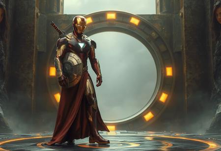 "Create a photorealistic, detailed image of Daredevil Iron Man standing on an anomalous SCP Illusion Gate, following the golden ratio. He should have a realistically proportioned body, wearing gilded red robes, and carrying a metallic Thunderstrike shield. The setting should suggest a daring and driven attitude. The image should be rendered in 8K with a medium shot and an athletic pose, suitable for a Pexels contest. Consider adding a female character in the background, with long wavy hair and heavy eyes to the side."