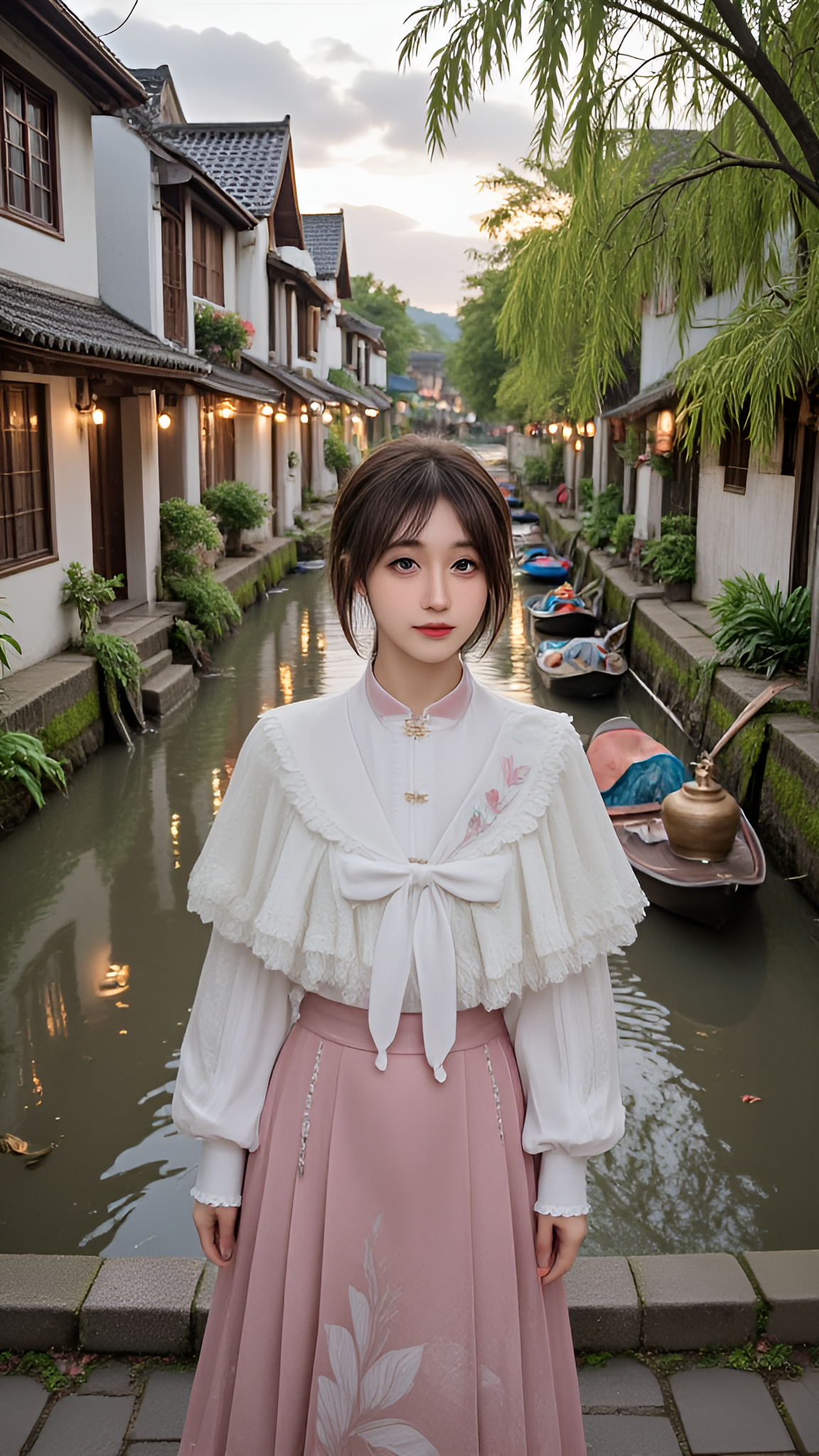 a_realistic_photo_of_a_beautiful_woman_in_cyb_chnstyle_attire__include_shirt_and_skirt_and_capelet__the_background_is_a_serpentine_canal_at_daybreak__its_glassy_surface_fractured_by_woo_3271990075.png