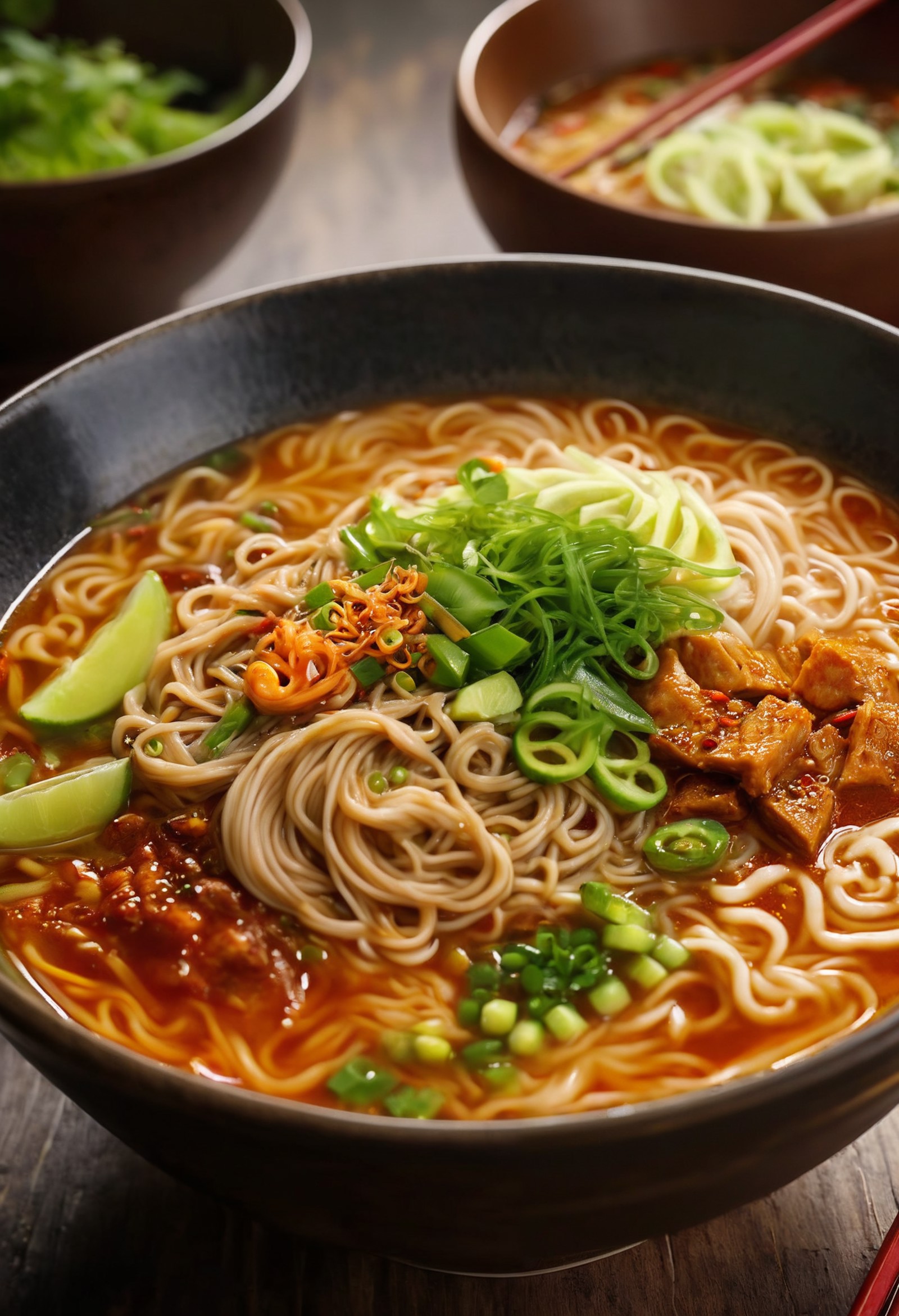 RAW Photo, a bowl of the most delicious spicy vegetable ramen noodles, food photography, photorealistic, ultra realistic, ...