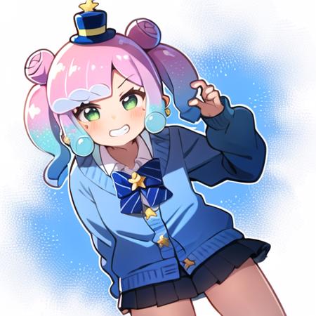 masterpiece, best quality, (1girl, solo),
gal puniru, 1girl, pink hair,, skirt, smile, solo, mini hat, slime girl, hair bun, multicolored hair, blue hair, hat, cardigan, monster girl, gradient hair, mini top hat, green eyes, pleated skirt, twintails, school uniform, bow, top hat, black skirt, looking at viewer, long hair, double bun, grin, miniskirt, bowtie, blush
<lora:GalPuniru:0.7>