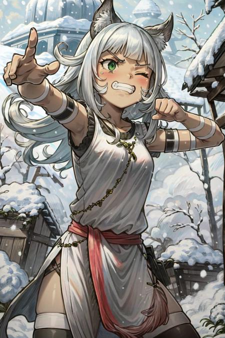 <lora:Ochette:1>, Ochette, 1girl, solo, green eyes, snow, ice, blizzard, snow storm, snowing, freezing, one eye closed, ((clenched teeth)), fighting stance, battle, angry, masterpiece, best quality,