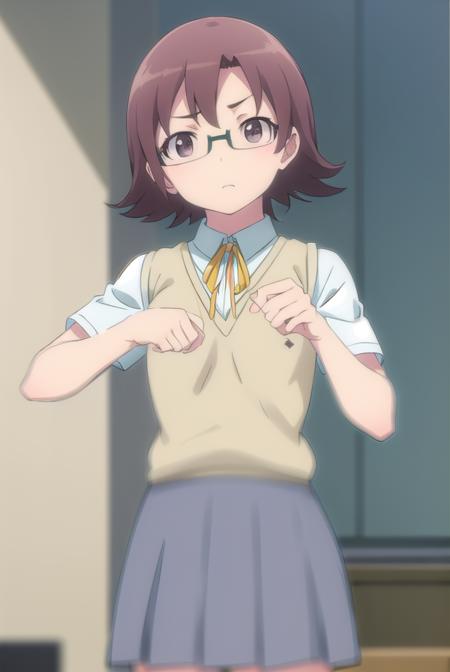 senaakagi, <lora:sena akagi s2-lora-nochekaiser:1>,
sena akagi, short hair, brown hair, glasses, (brown eyes:1.5),
BREAK skirt, ribbon, school uniform, sweater vest, grey skirt, shirt, white shirt, collared shirt,
BREAK indoors, classroom,
BREAK looking at viewer, (cowboy shot:1.5),
BREAK <lyco:GoodHands-beta2:1>, (masterpiece:1.2), best quality, high resolution, unity 8k wallpaper, (illustration:0.8), (beautiful detailed eyes:1.6), extremely detailed face, perfect lighting, extremely detailed CG, (perfect hands, perfect anatomy),