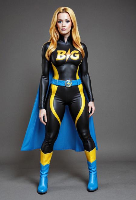 BuzzGirl, wearing black and yellow BGsuit, blue belt, blue boots, blue cape