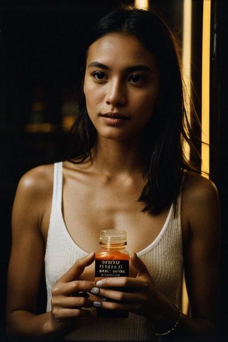 In a low-key style with the grainy texture of expired film, the photo offers a close-up view from above of a photo-realistic close-up medium shot of a beautiful girl's figure standing tall, depicted in full body, gently cradling a perfumed bottle. The attention to detail captures every nuance of the subject's features and attire, creating a lifelike representation that almost breathes with realism. Against the backdrop of vibrant neon signage, the scene comes alive with a juxtaposition of warmth and urban energy. The subject's expression exudes a sense of calm amidst the bustling cityscape. Bathed in the dim neon-colored light of a blacked-out large window showcasing the city's glowing neon signs, the scene is a captivating mix of dramatic shadows, a washed-out color palette, and a shadowy ambiance reminiscent of a Kodak Portra 800 night shot.