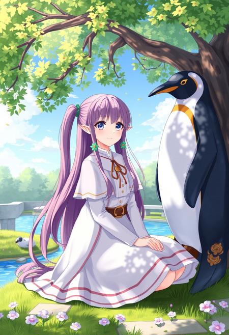 masterpiece, best quality, high quality, frieren, 1girl, long hair, pointy ears, twintails, jewelry, elf, earrings, capelet, white capelet, long sleeves, parted bangs, dress, belt, flower,(´ω｀),sitting,(:3:1.4),cowboy shot,
(statue of a big penguin background:1.0), scenery, outdoors, , tree, day, blue sky, park,river,