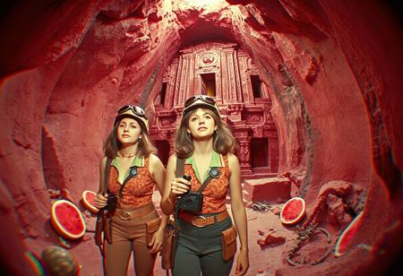 Viewmaster 3d  cinematic photograph, three women astro-explorers , exploring a vast underground lost scared watermelon temple ,1960s adventure b-movie science fiction film, technicolor,
