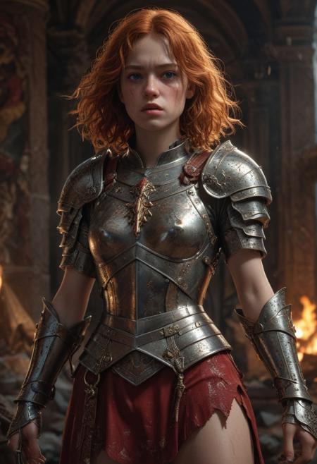 High resolution ultra-realistic of Beautiful Sadie Sink as Warrior Joan of Arc, 8k, capturing the intensity of the moment, cinematic lighting, standing on a bloody and stormy battlefield in bloody battle, wavy red hair, realistic dirty pale face, realistic brown eyes, beautiful hourglass figure, burning in a medieval Town, intricately designed iron and silver armor, red mini skirt, Dark Ages Aesthetic, perfect athletic figure, beautiful Warrior Joan of Arc, fire, ultra realistic, cinematic style, vigorous and seductive, athletic figure, dark fantasy, dramatic lighting, wet and sweaty skin, dirty skin, athletic figure, dark fantasy, dramatic lighting, Greg Rutkowski style,, Warrior Joan of Arc on in iron armor, hyper-detailed, hyper-realistic, bright colours, Attractive 21 old years girl, Attractive, beautiful firm Breasts, sharp focus, digital painting, Photograph Taken on Nikon D750, Alphonse Mucha, 8K, athletic figure, Hyperdetailed, hyperrealism, Attractive, Attractive bust girl, asymmetric balance