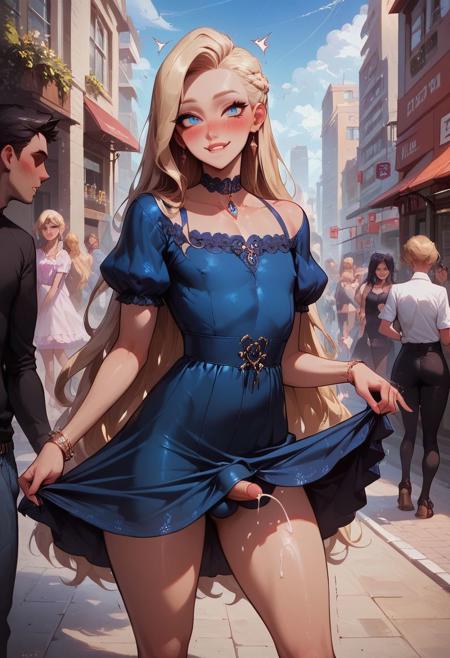score_9, score_8_up, score_7_up, 1femboy, beautiful Brazilian femboy, (very muscular),  cute girly face, aroused, erect, hair strands, blond hair, blush, beautiful lips (perfect eyes), deep blue eyes, flat chest, straight long hair, hot thighs,  expressiveh,  girl next door,biting lips, tight off shoulder dress,  small penis outline, cumming, trembling, motion line, spread legs, v,
1 big man, large penis, standing on laps,  size difference, out of frame, skirt lift,
outside, on streets, crowd, city 
 <lora:crystalline_dress-PD-1.0:1>