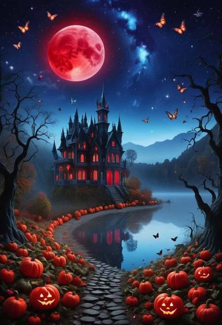 masterpiece, best quality, mysterious dark enchanting forest with ((halloween pumpkins:1.3)) and ((colorful butterflies:1.4)) leaving a trail of magical pixie dust behind, a crystal clear lake shredded in a fog and a an ethereal glow at night with a ((galaxy sky embrodeiry and red moon:1.5)) with an old haunted mansion on a hill behind and bats flying, 8k, masterpiece, best quality, vivid colors, 32 bit colors, high texture resolution, soft lighting, epic, dark fantasy style, breathtaking, visually impressive, stunning composition, mesmerizing, hypperrealistic, digital art, trending at artstation