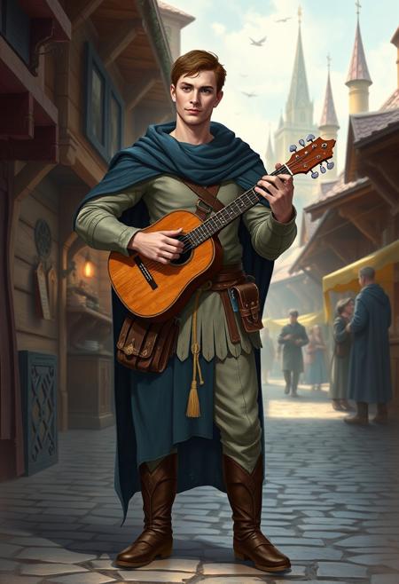 “Design a tall, thin, and attractive human male in his early 20s, playing the lute. He is a level 3 Bard in a Dungeons & Dragons fantasy setting. Dressed in light leather armor with simple patterns, a flowing dark-blue cloak, and a satchel filled with parchment and musical notes at his side, he stands in a vibrant, medieval marketplace. His lute is simply crafted, and he strums it confidently, enchanting the onlookers around him. The background features cobblestone streets, wooden stalls, and distant towering spires. The atmosphere feels alive with magic and music.”