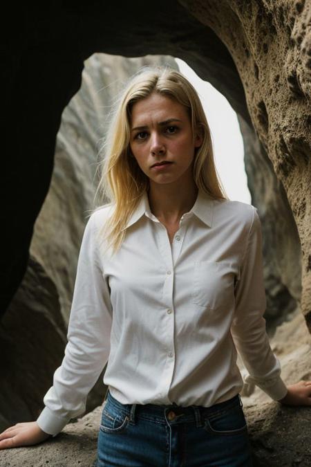 photograph of a woman, (troubled facial expression:1.1), textured skin, goosebumps, (blonde hair:1.2), (unbuttoned white shirt:1.2), distressed boyfriend jeans, long sleeves, (candlelight,chiaroscuro:1.1), cowboy shot, dark and mysterious cave with unique rock formations and hidden wonders, perfect eyes, Porta 160 color, shot on ARRI ALEXA 65, bokeh, sharp focus on subject, shot by Don McCullin