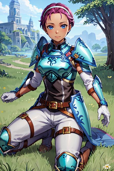 kneeling,upper body,hyoujou,<lora:fionaV1:0.8>,fiona,short hair,forehead, closed mouth,armor, armored boots, belt, breastplate,hairband, shoulder armor, looking at viewer,white pants, white gloves, gauntlets,  jewelry, knee boots,outdoors,grass,(masterpiece, best quality, ultra-detailed, best shadow)