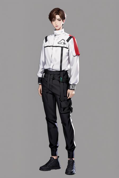 Character standing drawing,modern design,1boy,male focus,brown hair,solo,white background,full body,black footwear,pants,standing,simple background,shoes,brown eyes,looking at viewer,black pants,short hair,long sleeves,<lora:xiandai:0.8>,